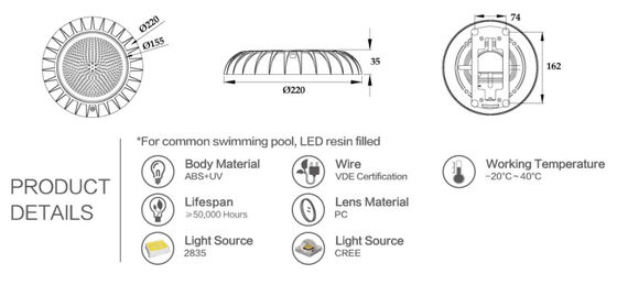Plastik ABS + UV IP68 12V 18W dipimpin lampu kolam inground