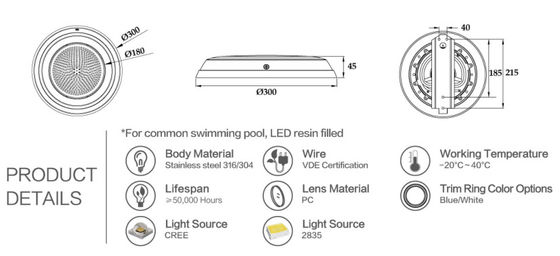 300mm Dia SS304 12W Lampu Kolam Inground Bawah Air